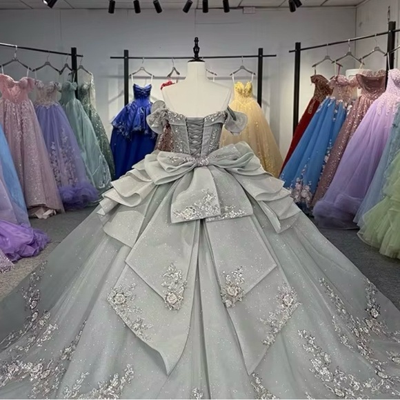 Elegant Gray Off-Shoulder Gown with Beaded Details - Picture 3 of 5